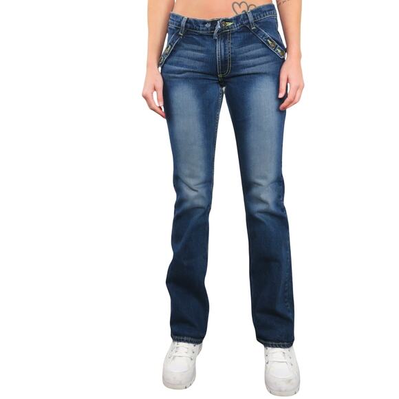 Y2k Vintage Fiorucci Angels Patch Low Rise Distressed Flared Jeans Size 11 29" - Picture 4 of 9